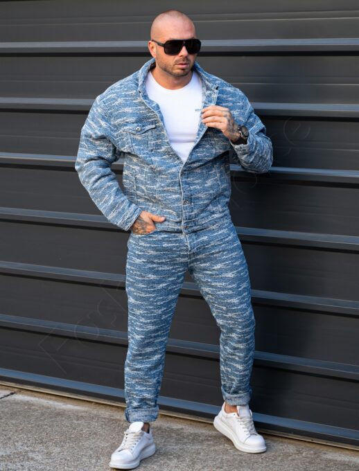 Compleu pentru barbati din denim cu efect zgariat-albastru deschis cod 5121-L