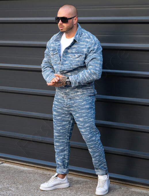 Compleu pentru barbati din denim cu efect zgariat-albastru deschis cod 5121-L