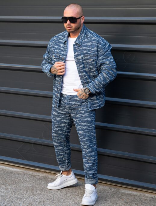 Compleu pentru barbati din denim cu efect zgariat-albastru inchis cod 5121-D
