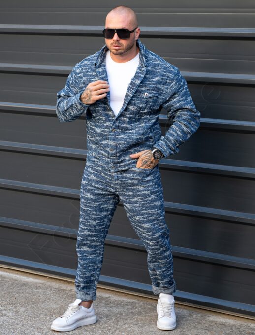 Compleu pentru barbati din denim cu efect zgariat-albastru inchis cod 5121-D