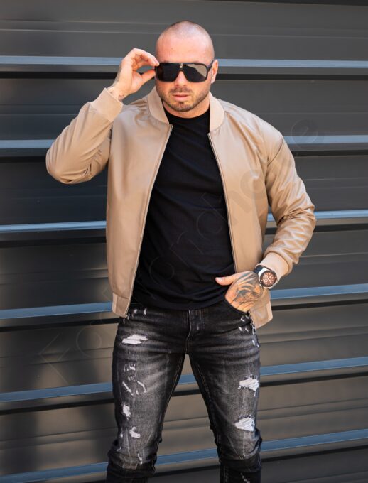 Geaca bomber din piele eco cu guler la baza gatului-moca cod 2443-1