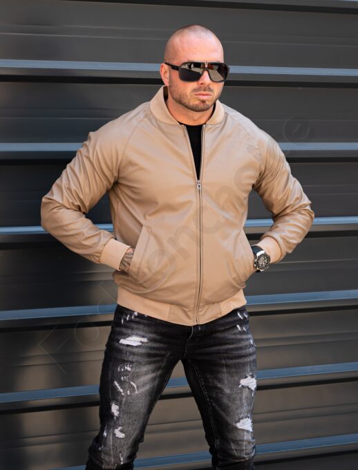 Geaca bomber din piele eco cu guler la baza gatului-moca cod 2443-1