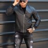Geaca bomber din piele eco cu guler la baza gatului-negru cod 2443