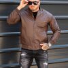 Geaca bomber din piele eco cu guler la baza gatului-maro cod 2443-3