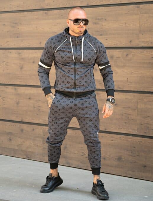 Compleu sport pentru barbati cu gluga si imprimeu modern-grafit cod 5038