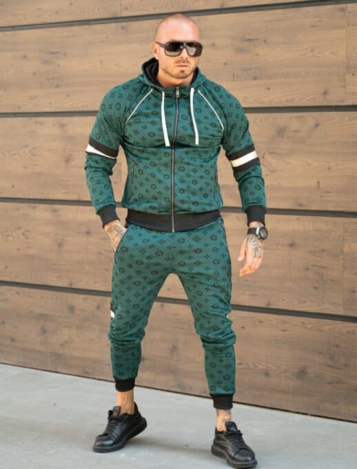 Compleu sport pentru barbati cu gluga si imprimeu modern-verde masliniu cod 5038-2
