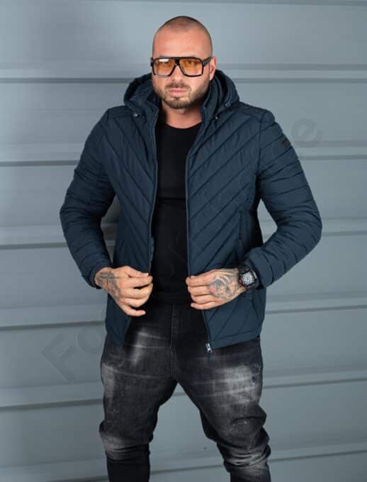 Geaca eleganta pentru barbati din material gros cu gluga-albastru inchis cod 5253-1