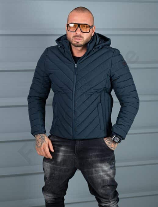 Geaca eleganta pentru barbati din material gros cu gluga-albastru inchis cod 5253-1