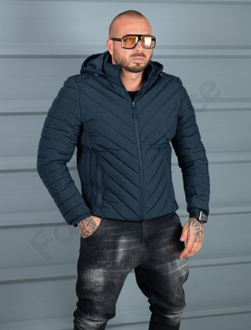 Geaca eleganta pentru barbati din material gros cu gluga-albastru inchis cod 5253-1
