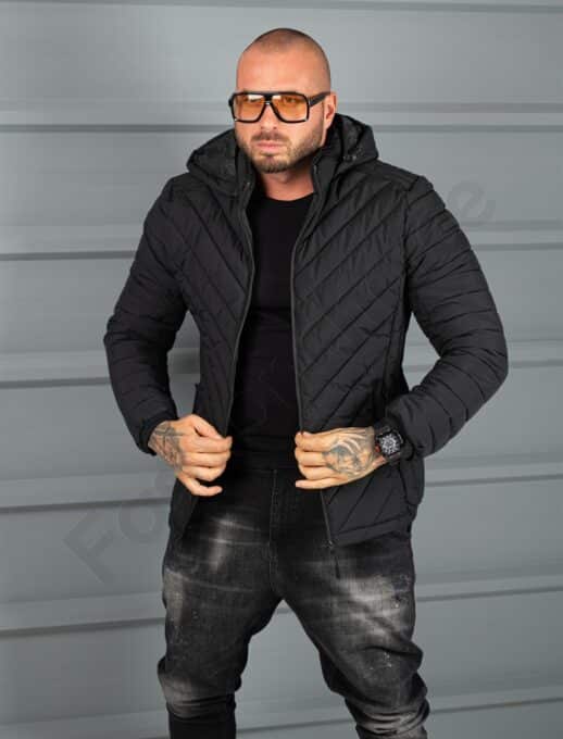 Geaca eleganta pentru barbati din material gros cu gluga-negru cod 5253