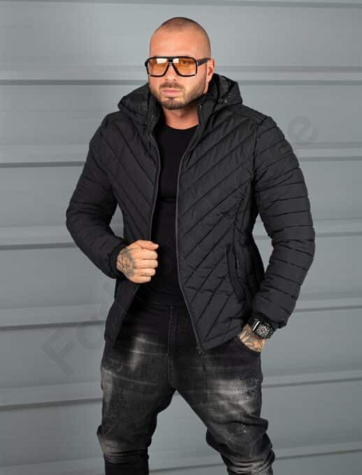 Geaca eleganta pentru barbati din material gros cu gluga-negru cod 5253