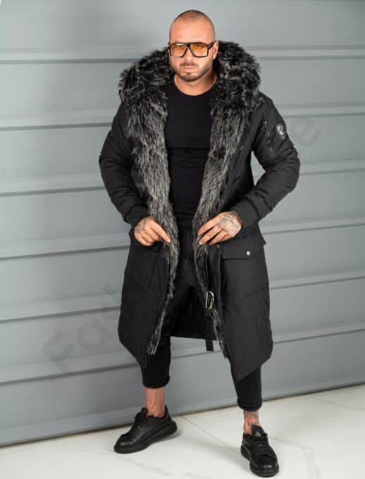 Parka lunga de iarna pentru barbati cu eco blana-negru cod 3701