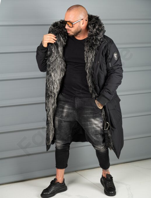 Parka lunga de iarna pentru barbati cu eco blana-negru cod 3701