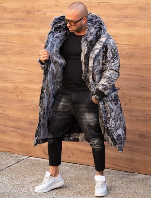 Parka lunga de iarna pentru barbati cu eco blana-gri/negru cod 3718-2