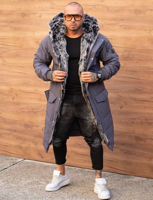 Parka lunga de iarna pentru barbati cu eco blana-grafit cod 3701-2