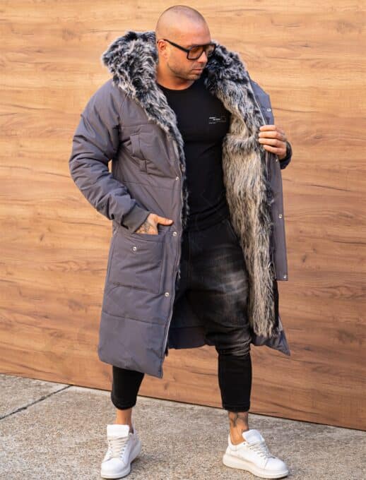 Parka lunga de iarna pentru barbati cu eco blana-grafit cod 3701-2