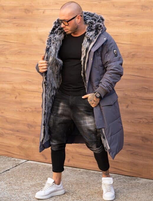 Parka lunga de iarna pentru barbati cu eco blana-grafit cod 3701-2