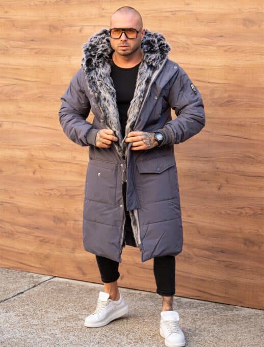 Parka lunga de iarna pentru barbati cu eco blana-grafit cod 3701-2