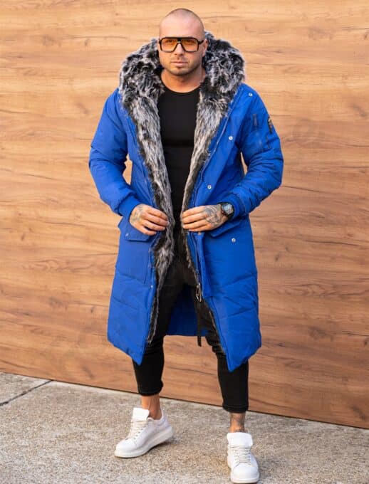 Parka lunga de iarna pentru barbati cu eco blana-albastru regal cod 3701-1