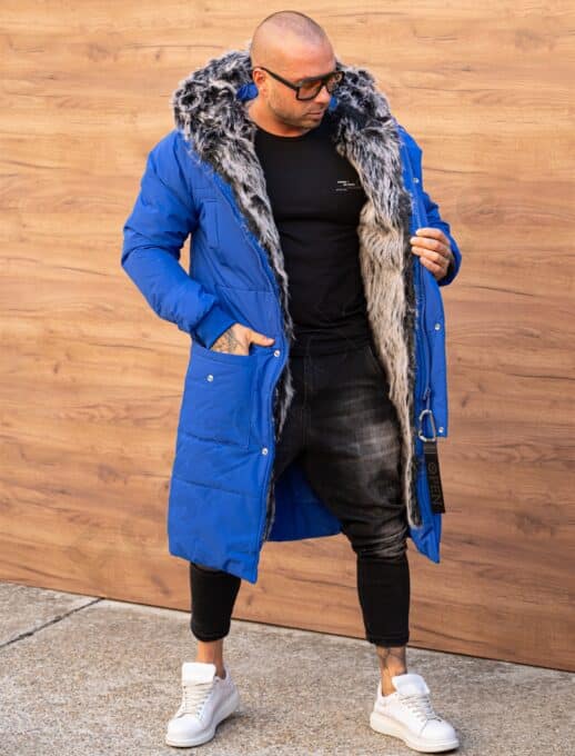 Parka lunga de iarna pentru barbati cu eco blana-albastru regal cod 3701-1