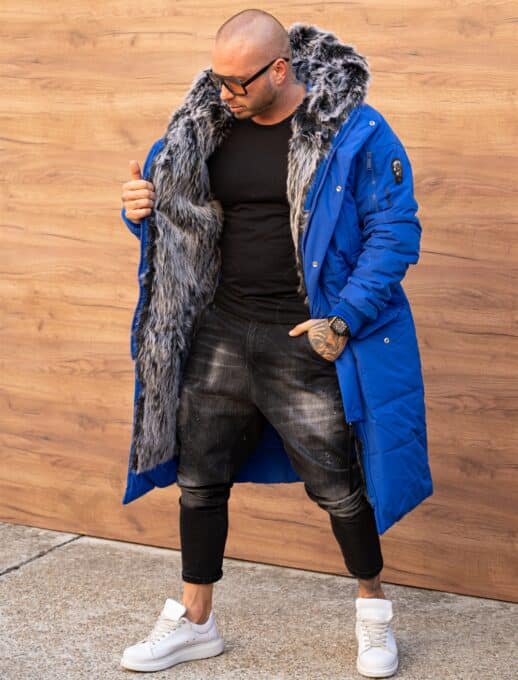 Parka lunga de iarna pentru barbati cu eco blana-albastru regal cod 3701-1