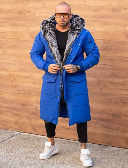 Parka lunga de iarna pentru barbati cu eco blana-albastru regal cod 3701-1