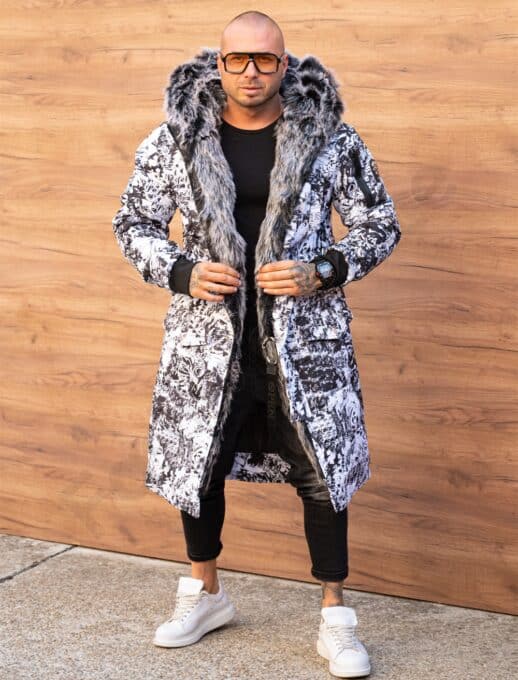 Parka lunga de iarna pentru barbati cu eco blana-alb/negru cod 3718