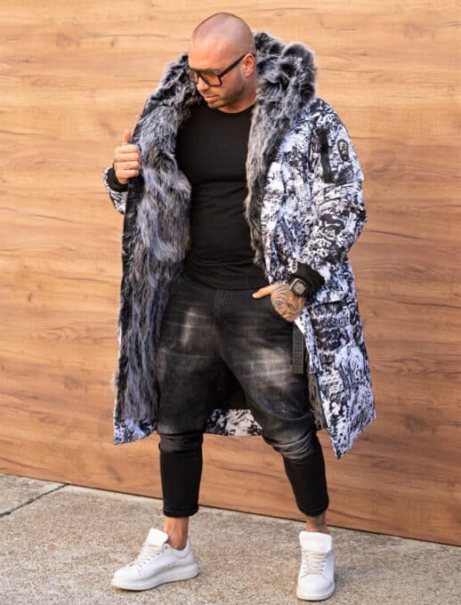 Parka lunga de iarna pentru barbati cu eco blana-alb/negru cod 3718