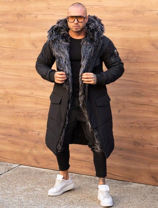 Parka lunga de iarna pentru barbati cu eco blana-negru cod 3701