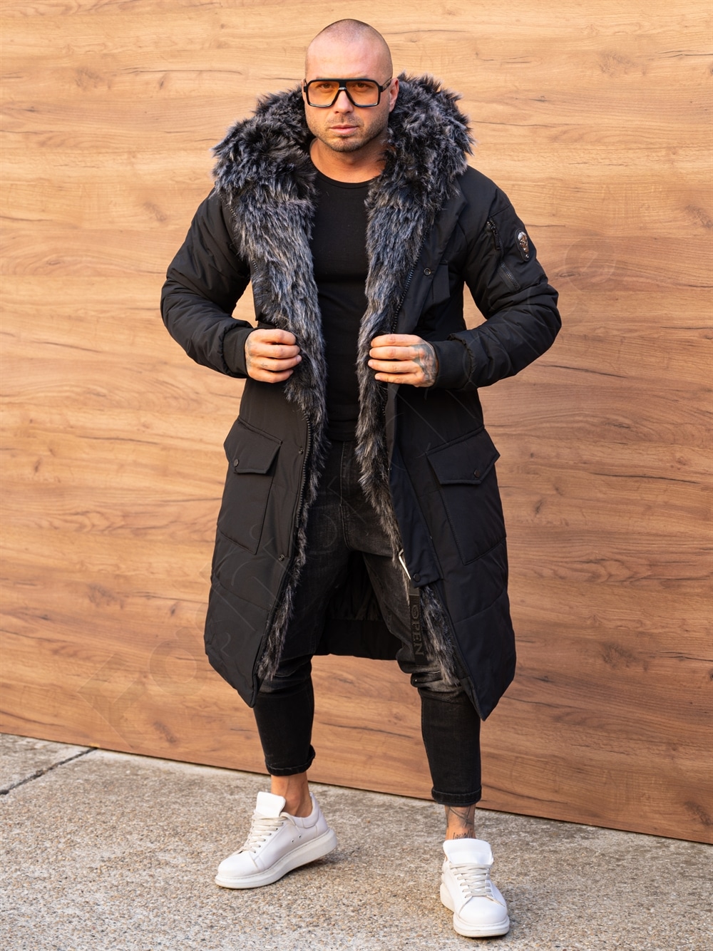 Parka lunga de iarna pentru barbati cu eco blana-negru cod 3701