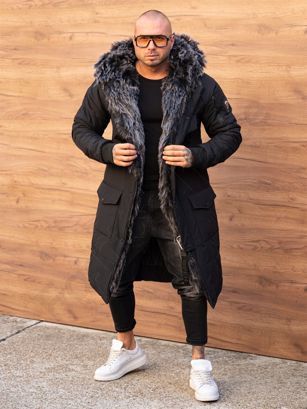 Parka lunga de iarna pentru barbati cu eco blana-negru cod 3701