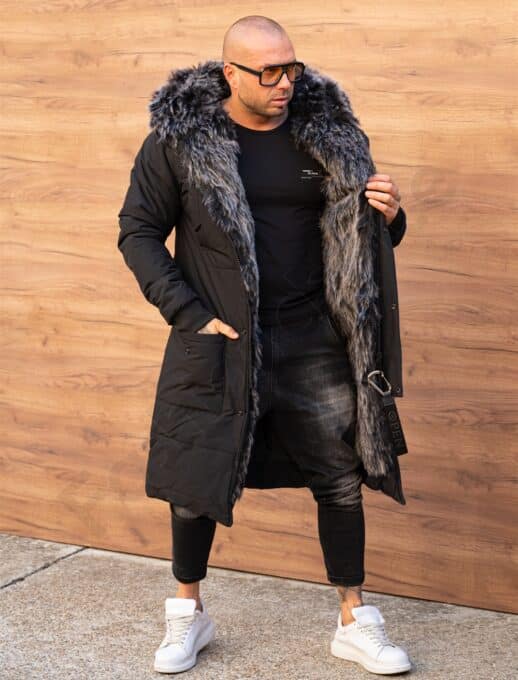 Parka lunga de iarna pentru barbati cu eco blana-negru cod 3701