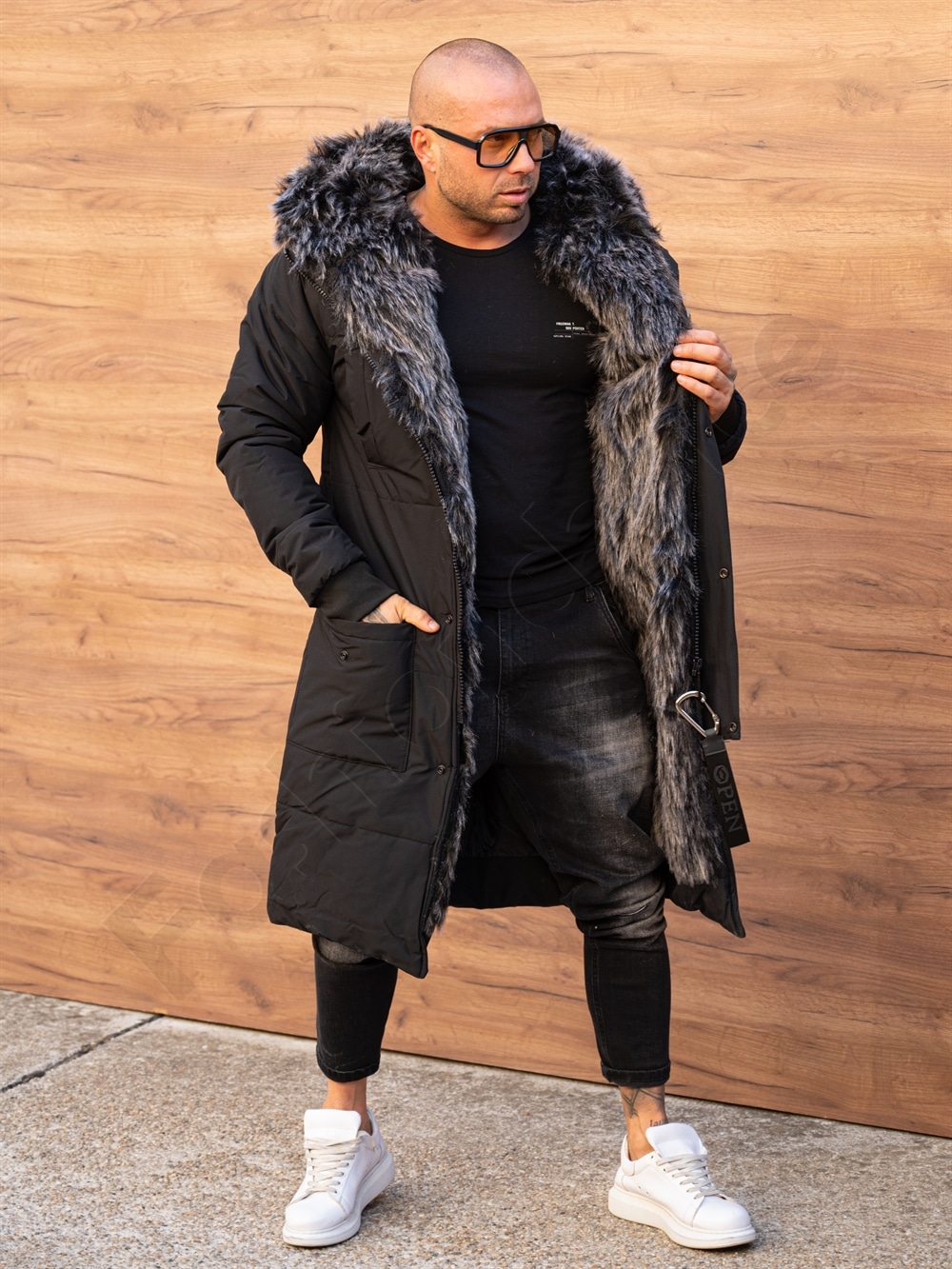 Parka lunga de iarna pentru barbati cu eco blana-negru cod 3701