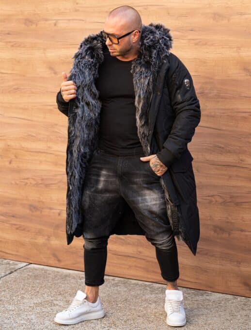 Parka lunga de iarna pentru barbati cu eco blana-negru cod 3701