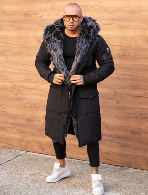 Parka lunga de iarna pentru barbati cu eco blana-negru cod 3701