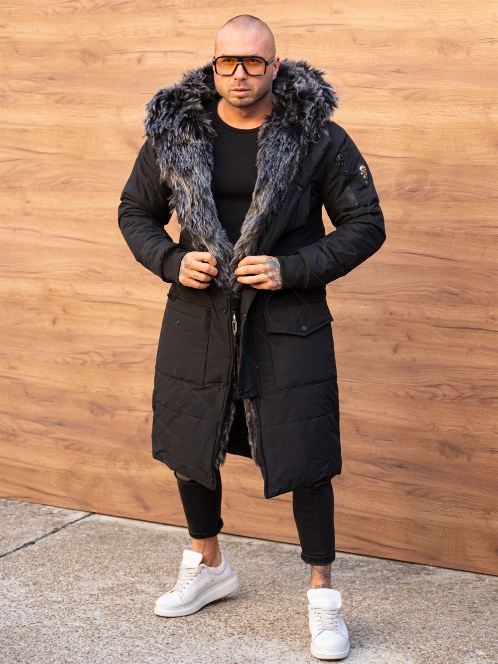 Parka lunga de iarna pentru barbati cu eco blana-negru cod 3701