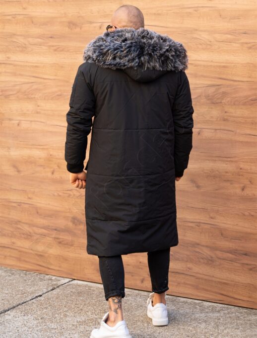 Parka lunga de iarna pentru barbati cu eco blana-negru cod 3701