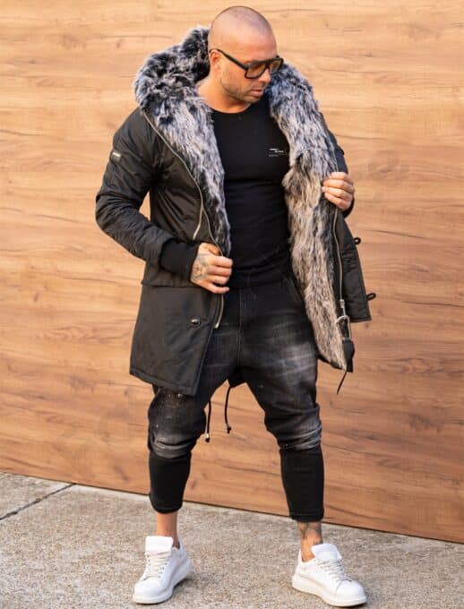 Parka pentru iarna cu eco blana si fermoare decorative-negru cod 3706