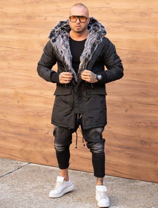 Parka pentru iarna cu eco blana si fermoare decorative-negru cod 3706