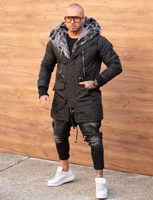 Parka pentru iarna cu eco blana si fermoare decorative-negru cod 3706