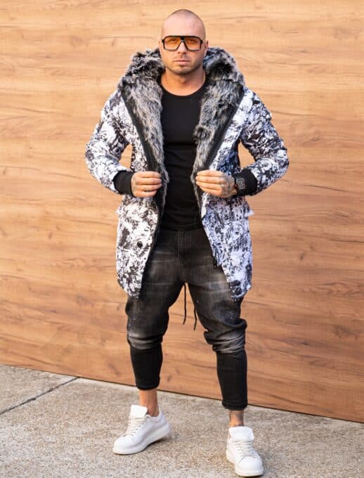 Parka pentru iarna cu eco blana si fermoare decorative-negru/alb cod 3061