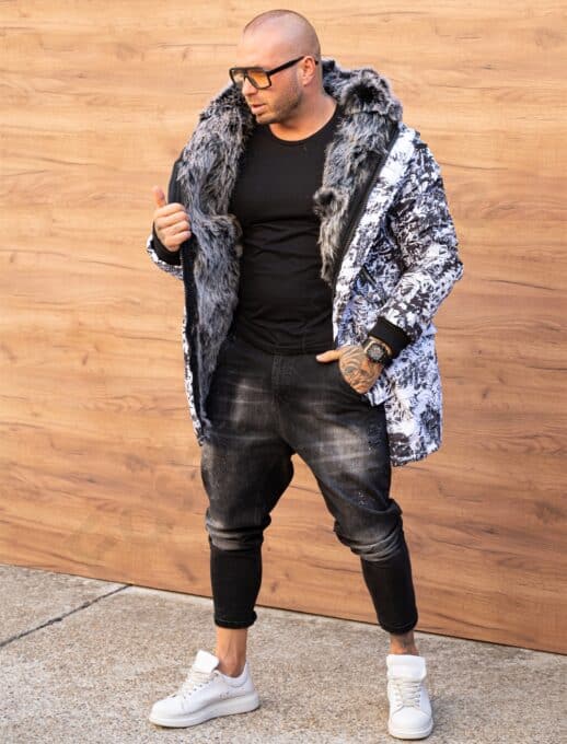 Parka pentru iarna cu eco blana si fermoare decorative-negru/alb cod 3061