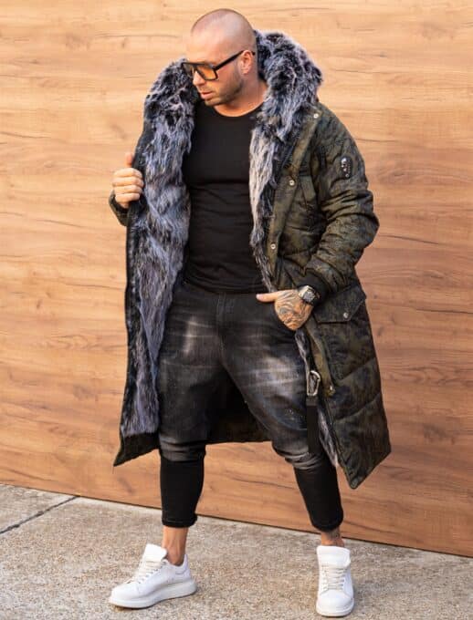 Parka lunga de iarna pentru barbati cu eco blana-kaki/negru cod 3718-1
