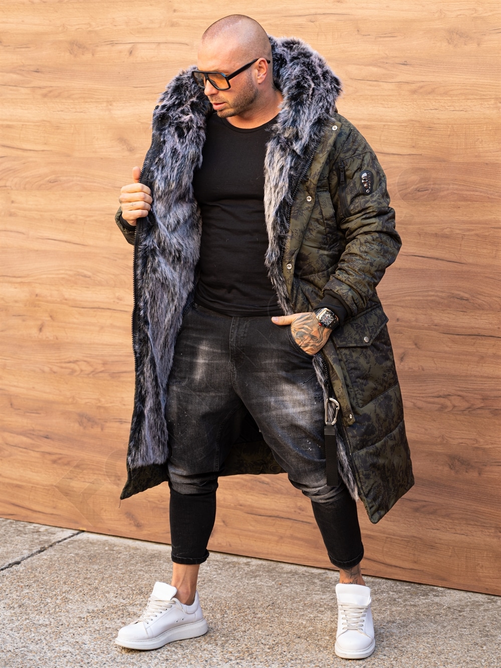 Parka lunga de iarna pentru barbati cu eco blana-kaki/negru cod 3718-1