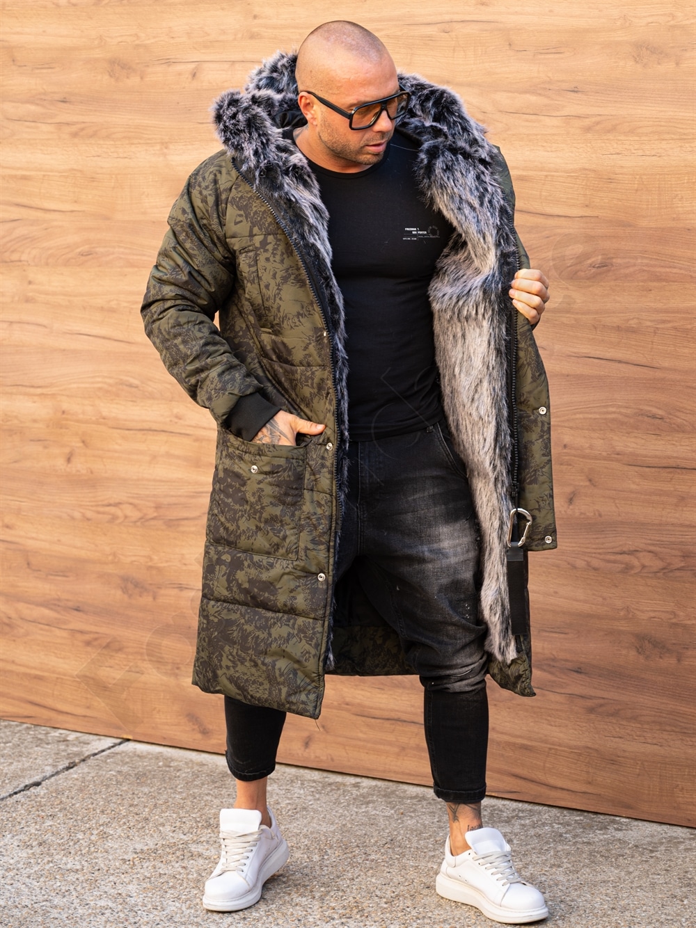 Parka lunga de iarna pentru barbati cu eco blana-kaki/negru cod 3718-1