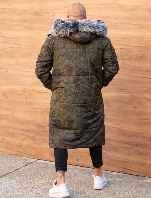Parka lunga de iarna pentru barbati cu eco blana-kaki/negru cod 3718-1