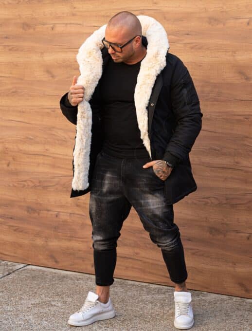 Parka pentru iarna cu gluga si eco blana-negru cu blana alba cod 8445-1