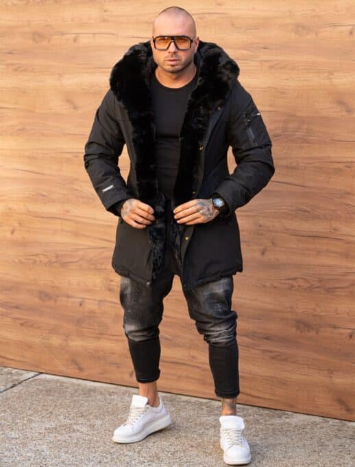 Parka pentru iarna cu gluga si eco blana-negru cu blana neagra cod 8445