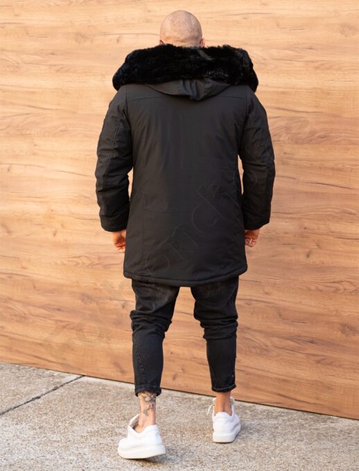 Parka pentru iarna cu gluga si eco blana-negru cu blana neagra cod 8445