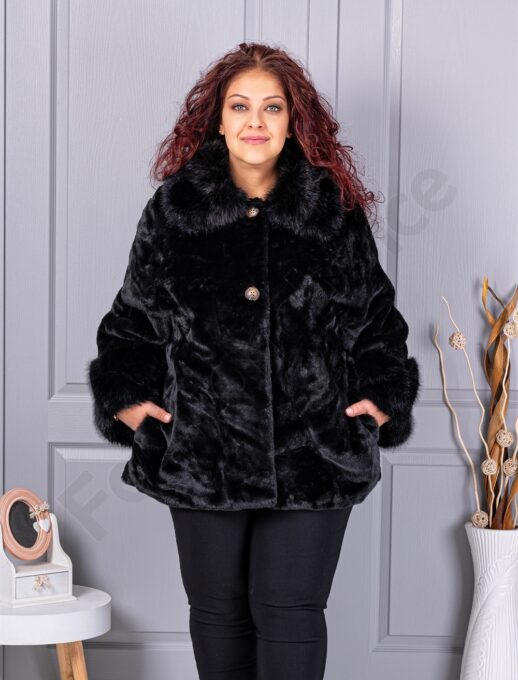 Palton maxi din blana eco cu guler cochet-negru cod 230129